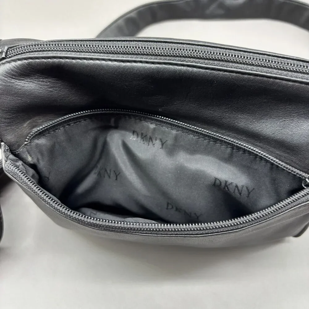 Vintage DKNY Donna Karan New York Black Leather Crossbody Bag Korea Brass '90s